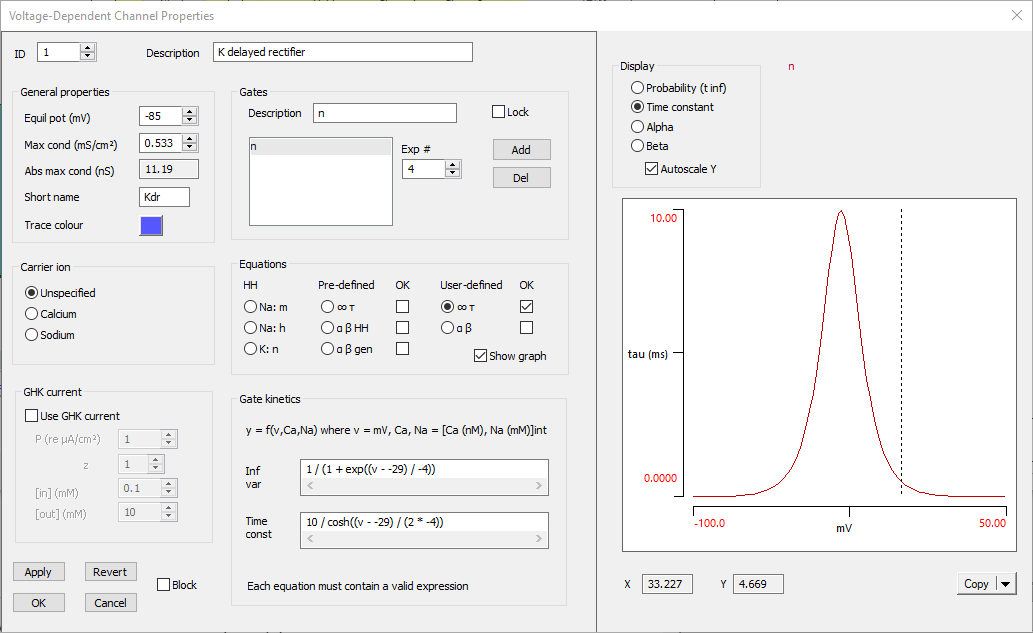 Voltage-dependent channel properties dialog